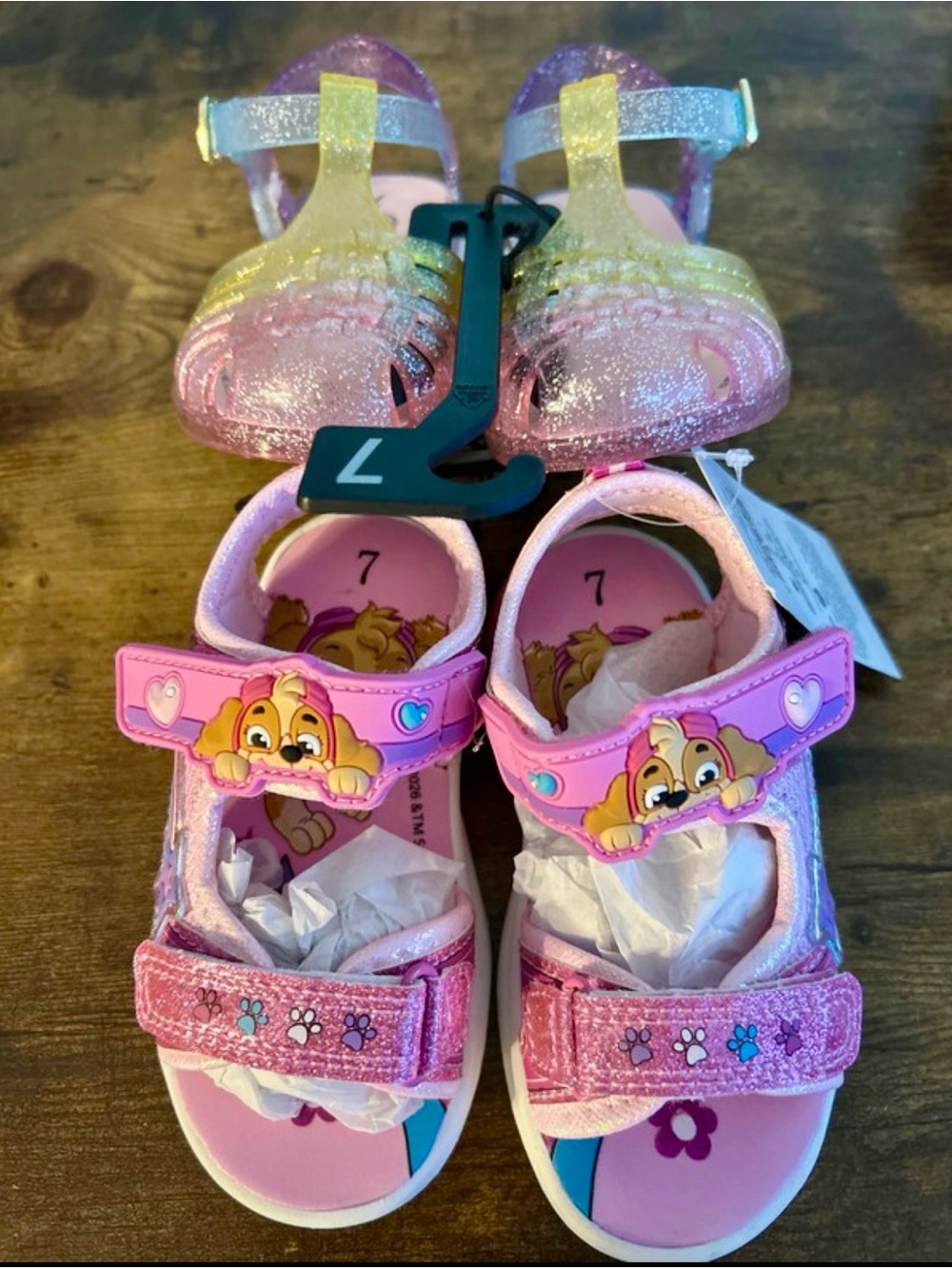 Kids Pink Paw Patrol Skye Sandals  and Pair of Rainbow Glitter Jellies - Size 7